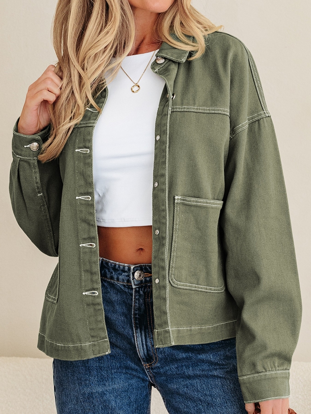 Women's Olive Green Denim Utility Jacket